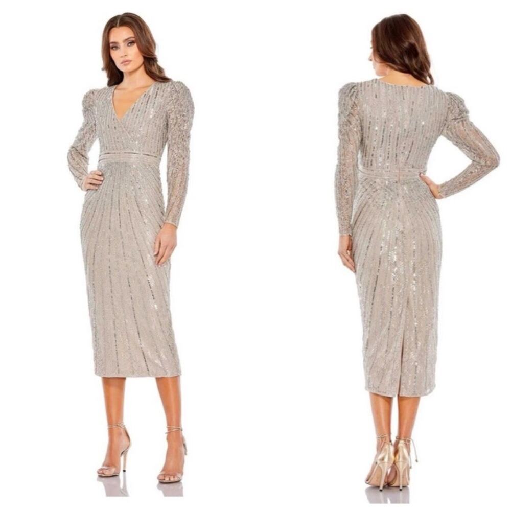 Mac Duggal 93676 Long Sleeve Sequin Midi Dress - Taupe - 20 - New with tags